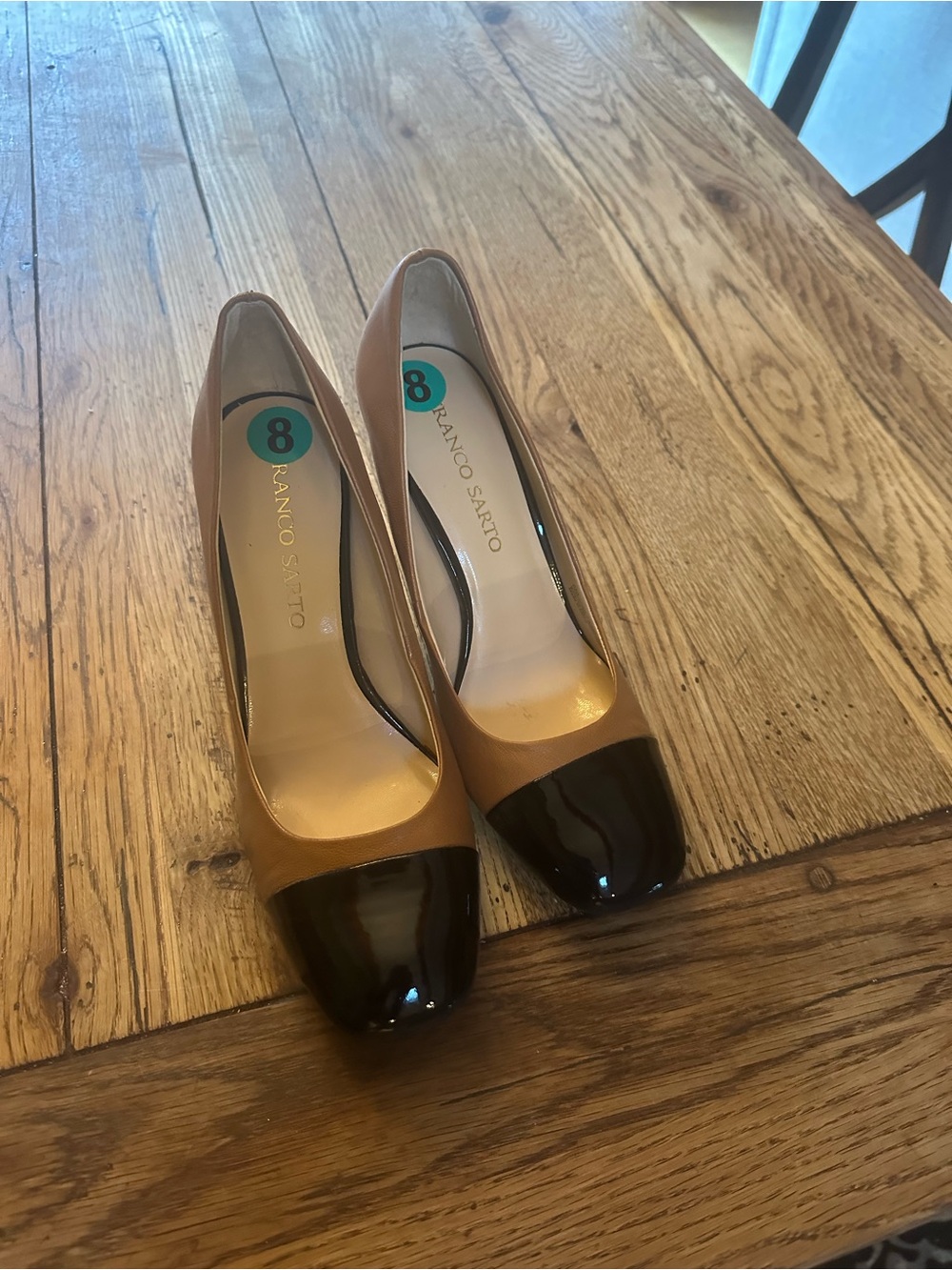 Franco Sarto Tan Pumps with Black Patent Cap-Toe